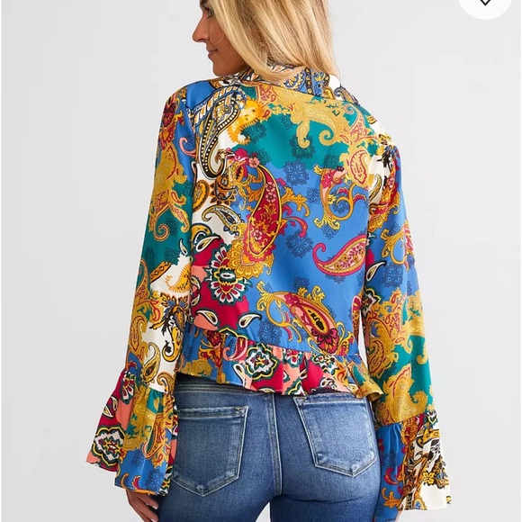 Willow & Root Mixed Paisley Print‎ Chiffon Blouse Bell Sleeves Tie Front Small - Picture 5 of 16